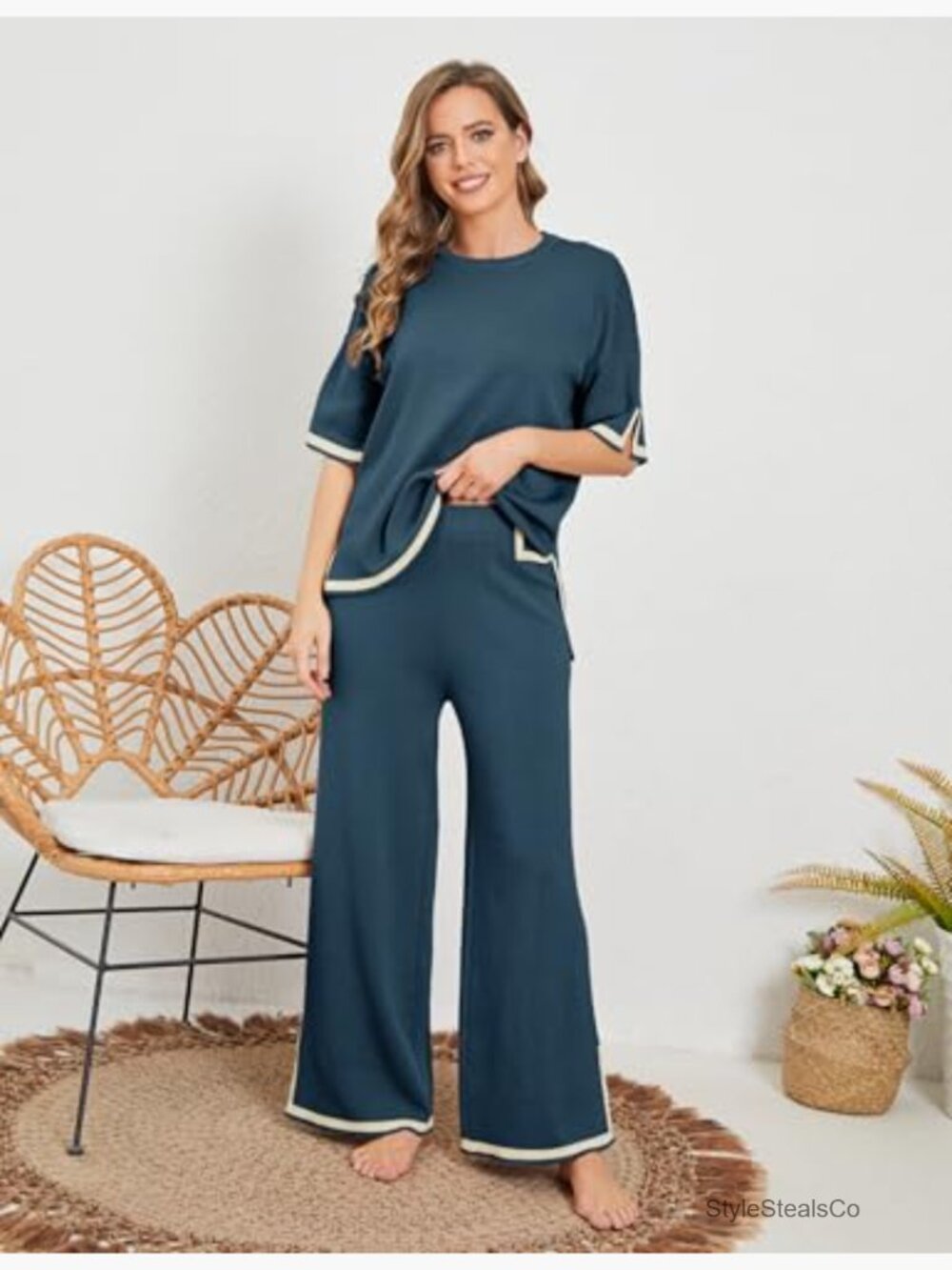2 Piece Lounge Set Short Sleeve Knit Pullover Top & Wide Leg Pants - Picture 2 of 7